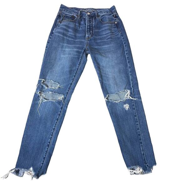 American Eagle High Rise Girlfriend jeans button fly distressed raw hem SZ 2 - Picture 2 of 9